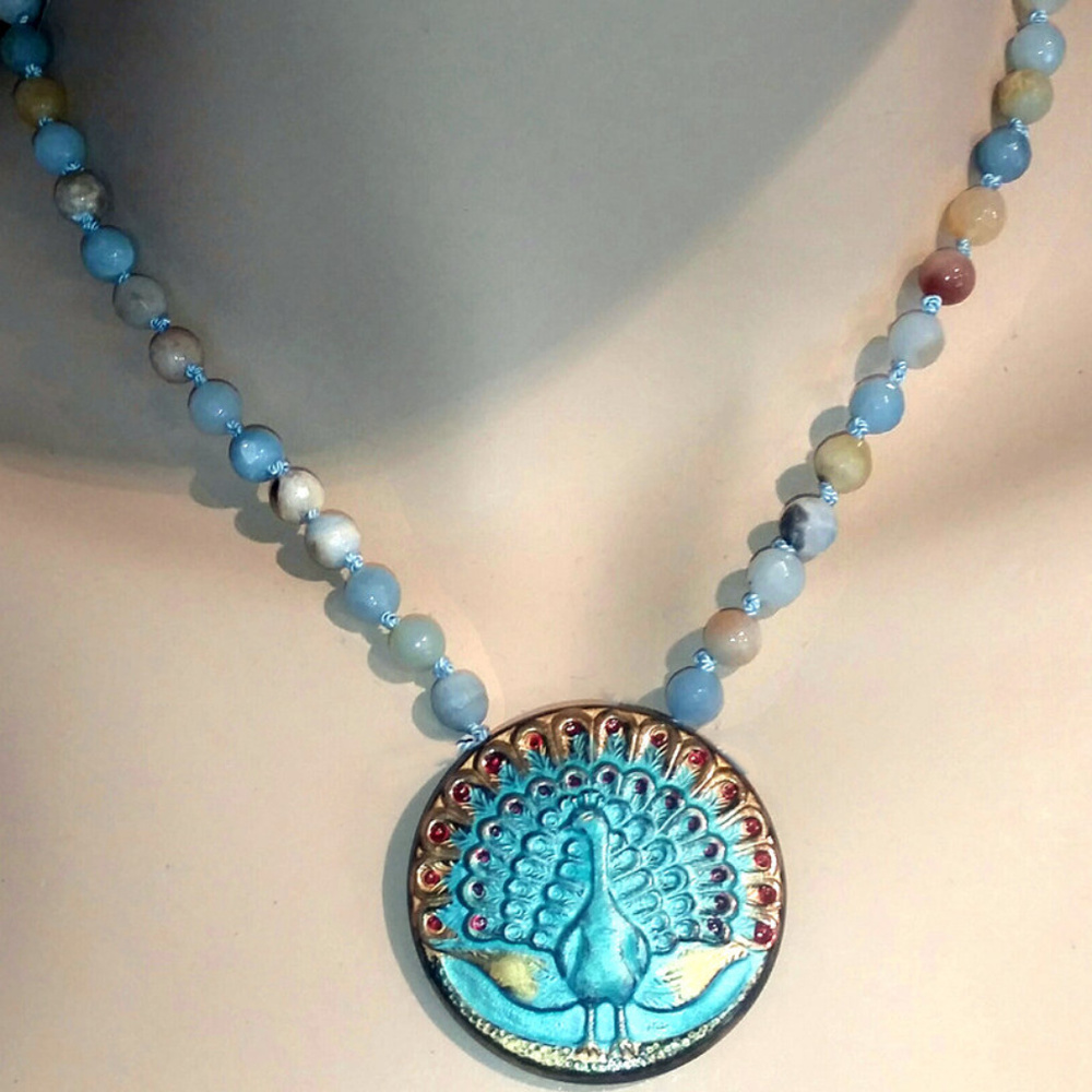 Peacock Button on 18" Silk Cord W/African Opals